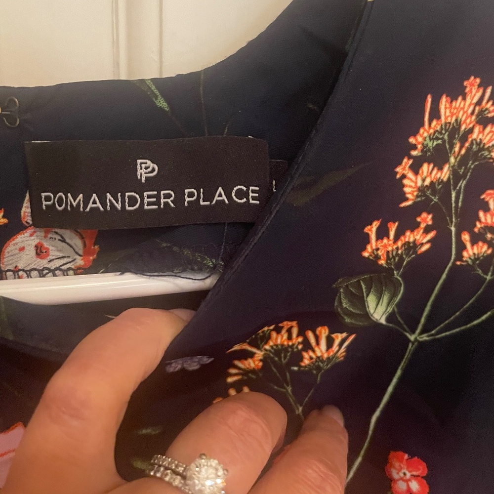Pomander Place Navy Long Sleeve Floral Dress with Coral and Green Accents
